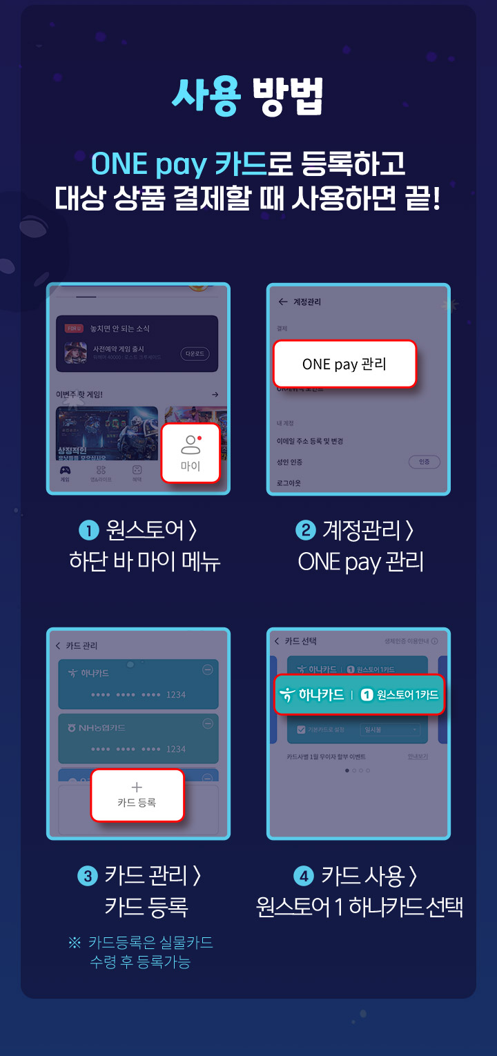 사용방법 ONE pay 카드로 등록하고 대상 상품 결제할 때 사용하면 끝!